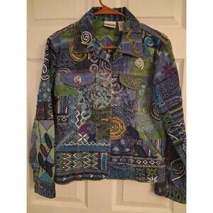 Vintage Chicos ArtisanPatchwork Denim Jacket Size 0 Blue Green Embroidered Swirl
